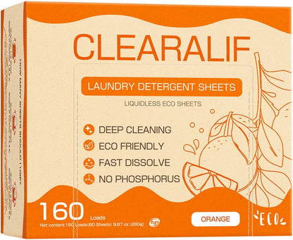 CLEARALIF Laundry Detergent Sheets Up to 160 Loads, Orange - Great For Travel, Apartments