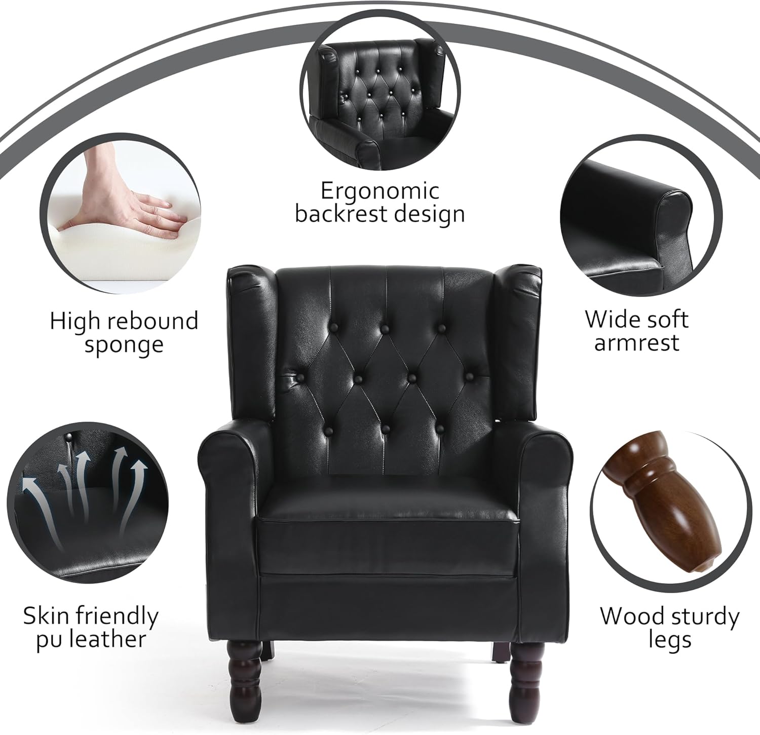High Back Accent Chairs Set of 2,Upholstered Faux Leather Wingback Armchairs with Solid Wood Legs