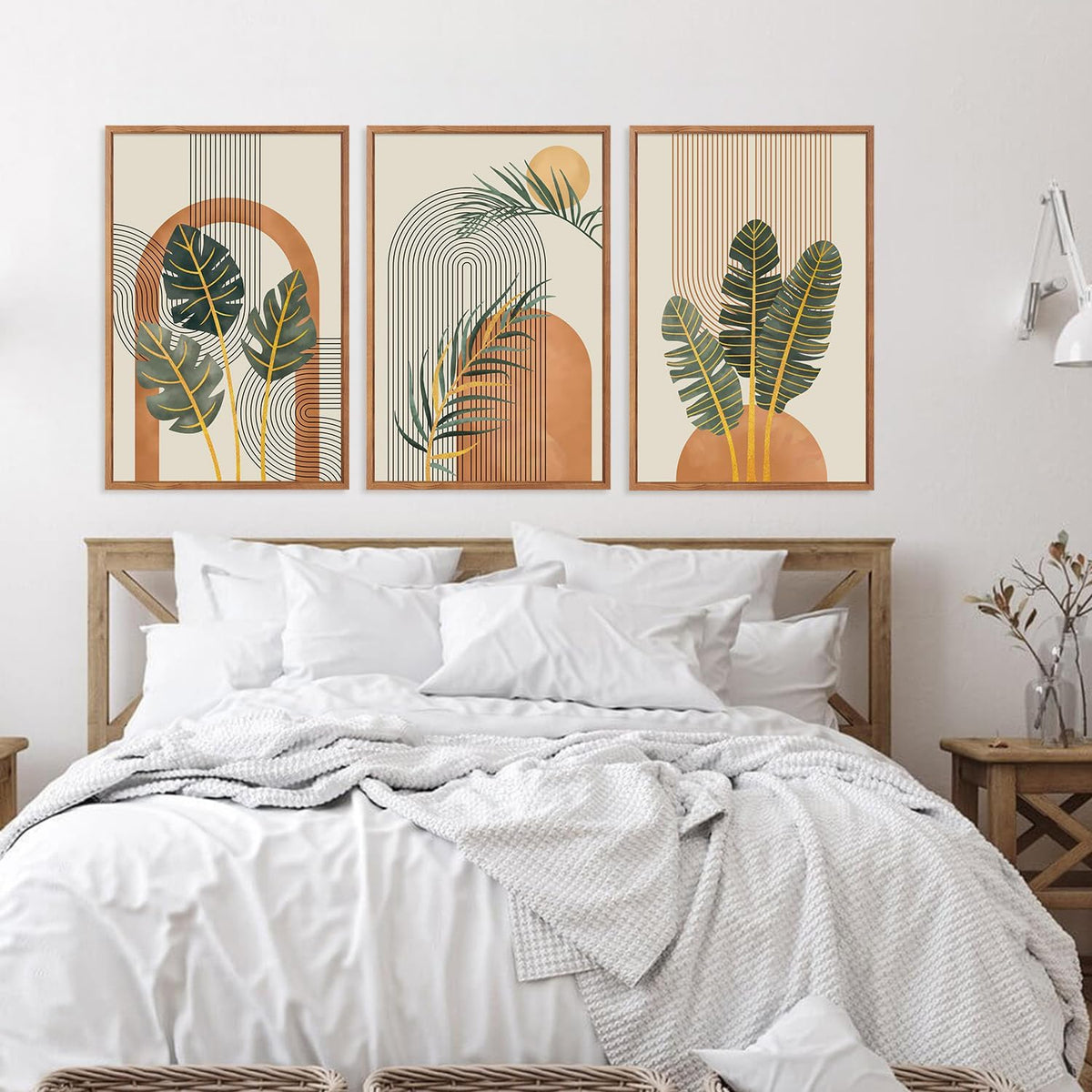 KAIRNE Boho Canvas Wall Art,Tropical Palm Leaf Wall Decor,Mid-Century Geometric Illustrations Set