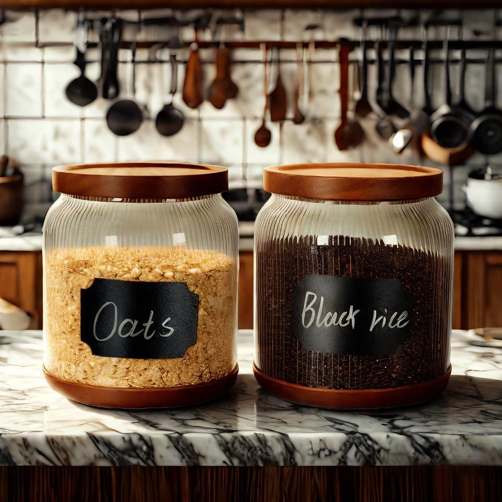 SAIOOL 2-Pack Striped Borosilicate Glass Airtight Canisters - Big mouth Large Capacity, Acacia Wood