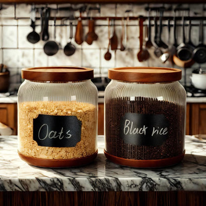 SAIOOL 2-Pack Striped Borosilicate Glass Airtight Canisters - Big mouth Large Capacity, Acacia Wood