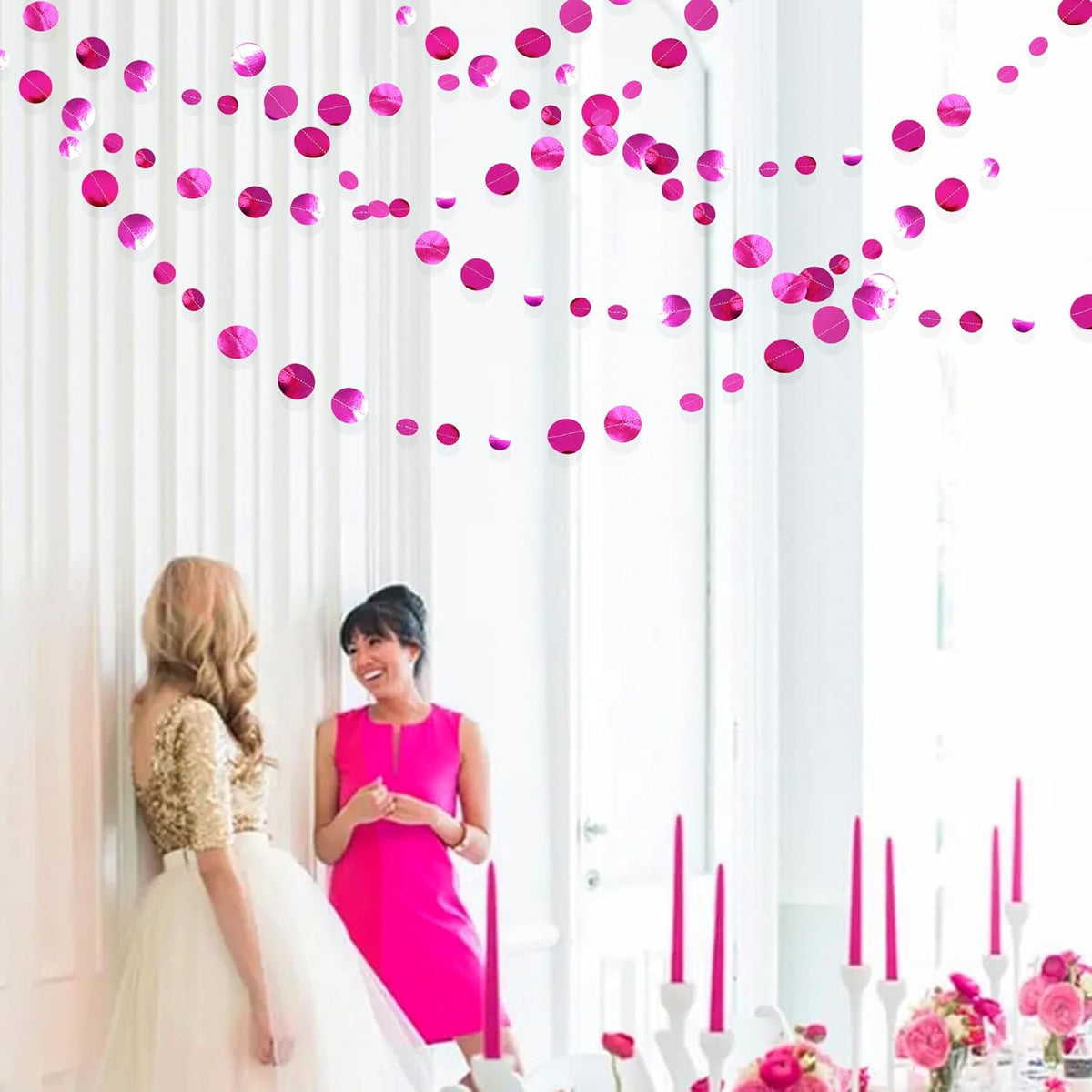 Hot Pink Party Decorations Circle Dots Garland Metallic Rose Pink Hanging Paper Polka Dots Streamer