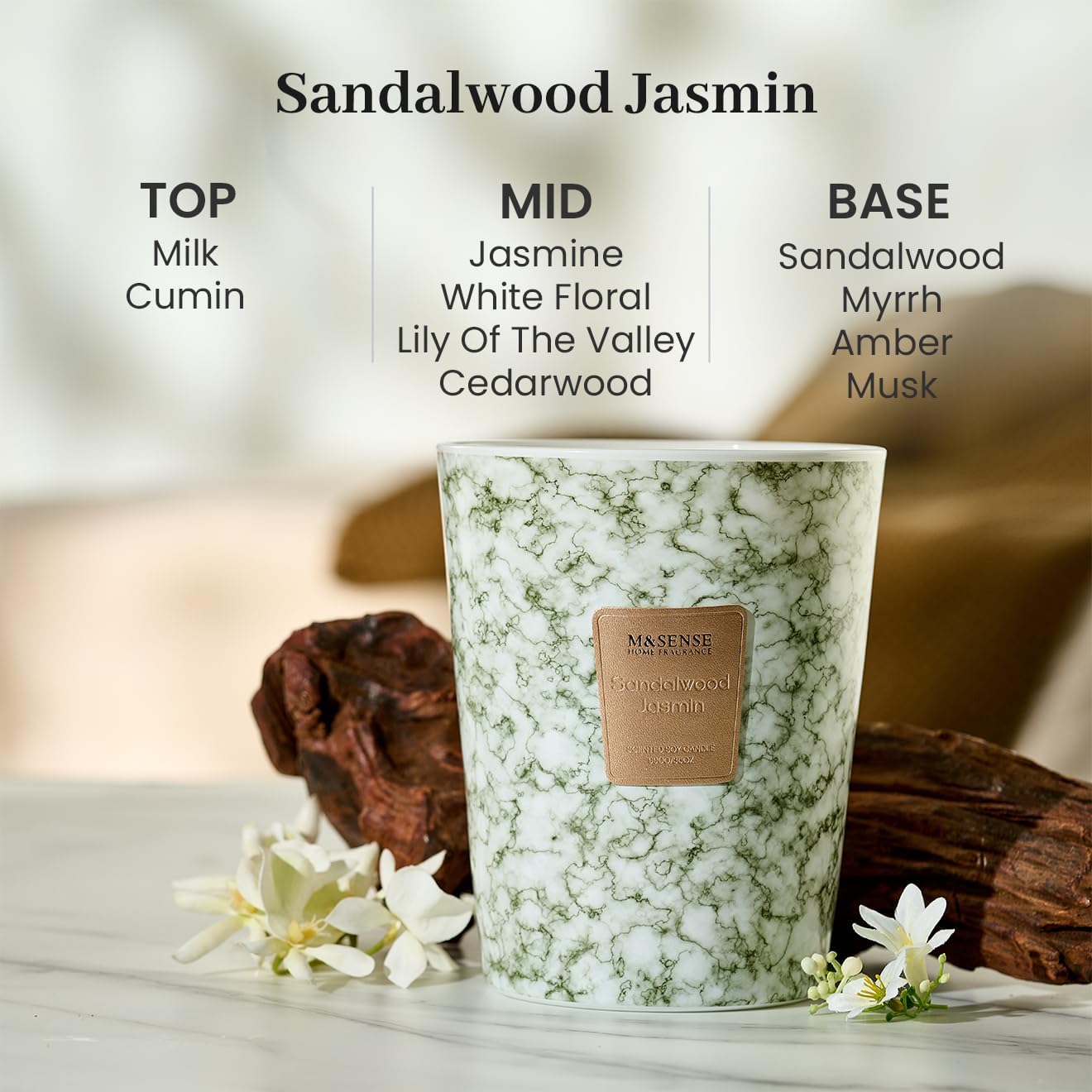 M&SENSE Sandalwood Jasmine Scented Candles for Home, 3-Wick Highly Scented Jar Candles, Extra Large