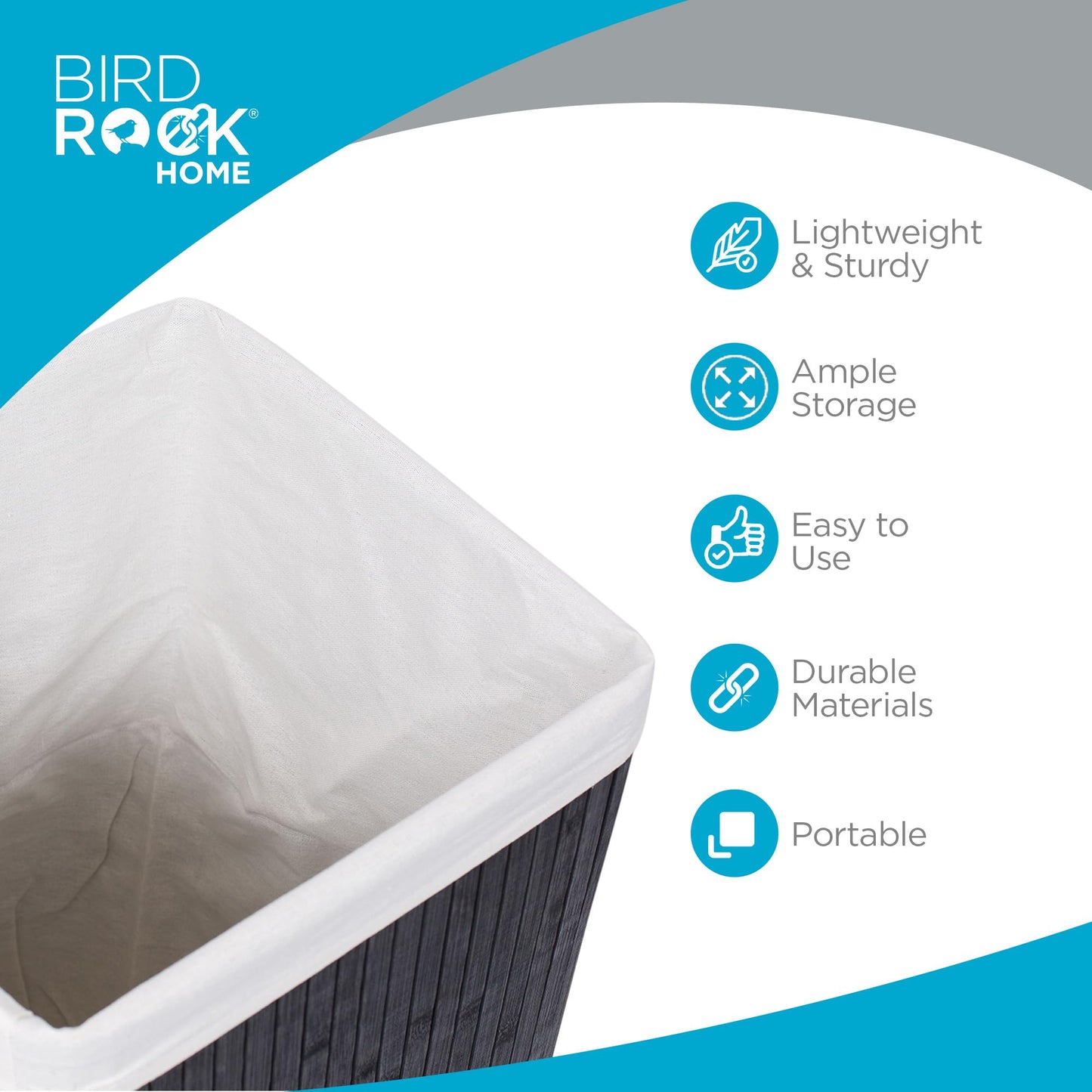 BIRDROCK HOME Square Laundry Hamper with Lid and Cloth Liner, Medium Basket with Soft Handles