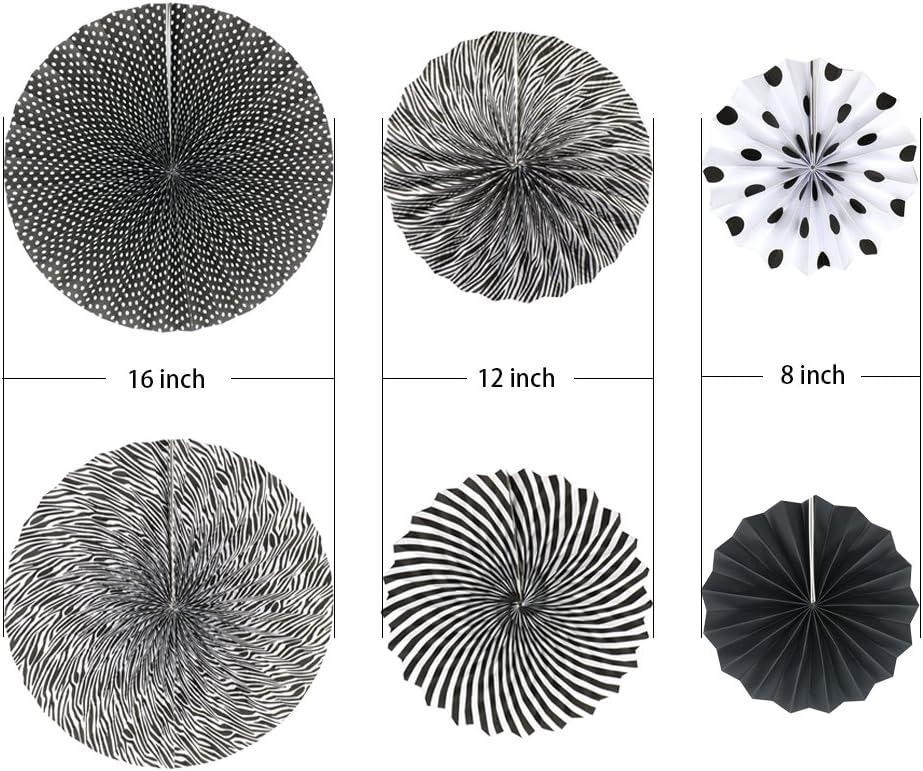 Party Hanging Paper Fans Set, Black Round Pattern Paper Garlands Decoration for Birthday Wedding