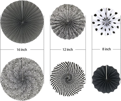 Party Hanging Paper Fans Set, Black Round Pattern Paper Garlands Decoration for Birthday Wedding