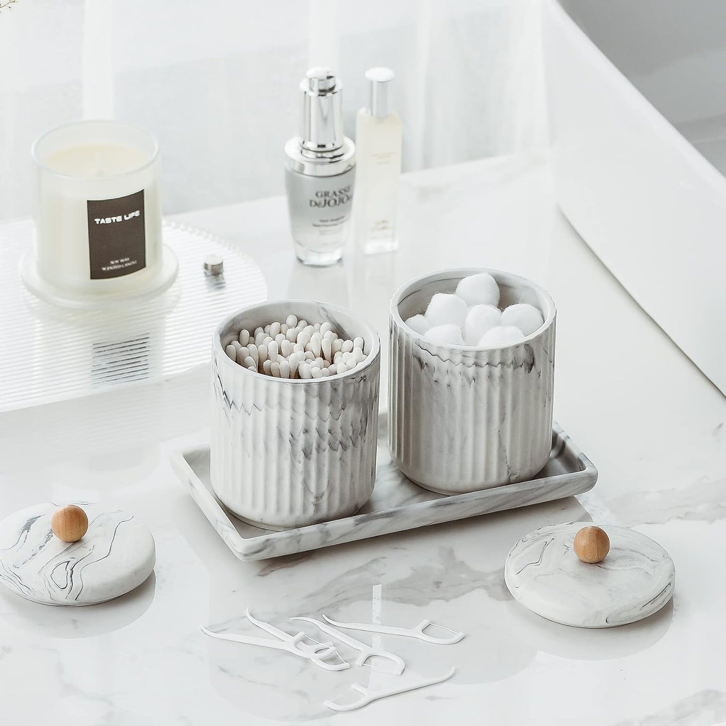 Marble Small Bathroom Jar Set ，Ceramic Cotton Swabs Holder with Lid and Dresser Organizer Set Tray