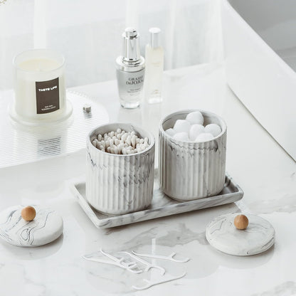 Marble Small Bathroom Jar Set ，Ceramic Cotton Swabs Holder with Lid and Dresser Organizer Set Tray