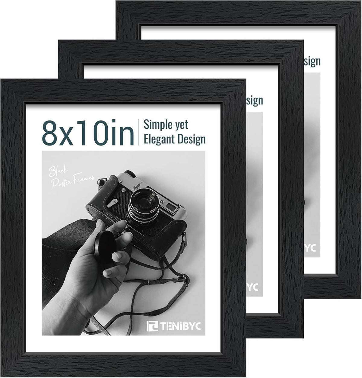 8x10 Picture Frame Set - 3 Pack, Textured Black Solid Wood, HD Tempered Glass, Gallery Photo Frame