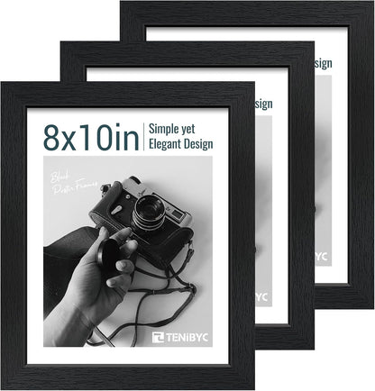 8x10 Picture Frame Set - 3 Pack, Textured Black Solid Wood, HD Tempered Glass, Gallery Photo Frame