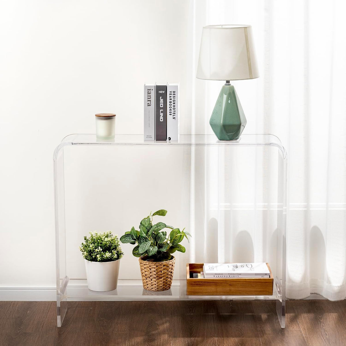 MyGift Premium 15mm Clear Acrylic Entryway Console Table with Bottom Display Shelf, 2 Tier Living
