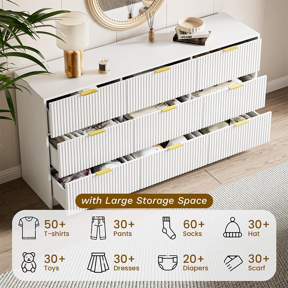 White Dresser for Bedroom, 9 Drawer Double Dresser, Modern Chest of Drawers for Bedroom, Living