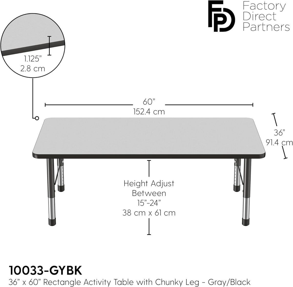 FDP Rectangle Activity School and Classroom Kids Table (36 x 60 inch), Toddler Leg, Adjustable