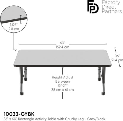 FDP Rectangle Activity School and Classroom Kids Table (36 x 60 inch), Toddler Leg, Adjustable