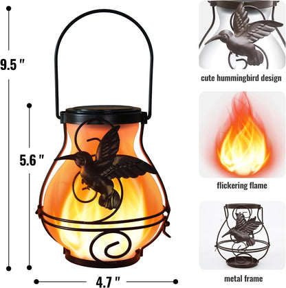 2 Pack Solar Lanterns Outdoor Waterproof Flickering Flame Lights Hummingbird Metal Hanging Solar