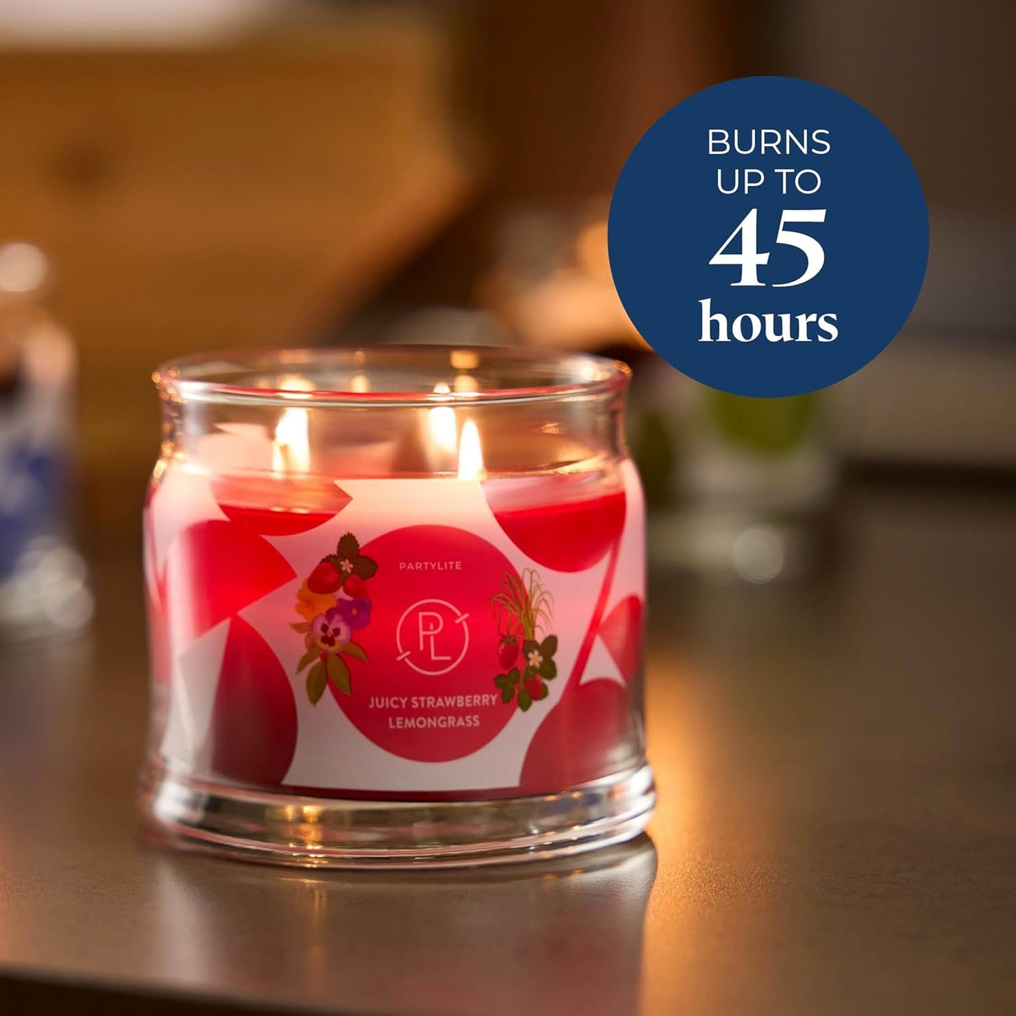 PartyLite Juicy Strawberry Lemongrass Scented, Notes of Lemongrass, Eucalyptus, Pansies, Verbena &