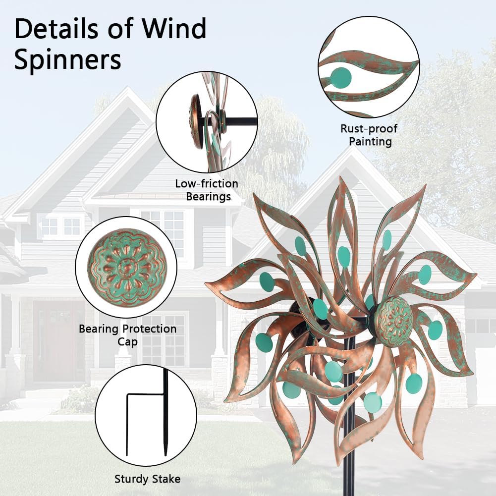 Viveta Metal Wind Spinners Outdoor,Vintage Kinetic Wind Spinner Garden Pinwheels with Metal Stake