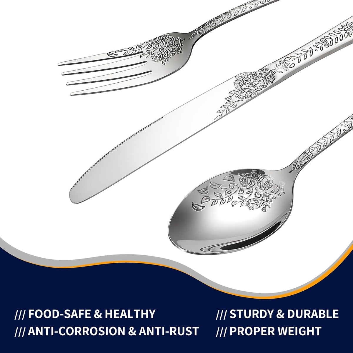 Floral 40 Pcs Silverware Set for 8, Food Grade Stainless Steel Flatware Set with Rose Flower