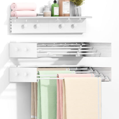 Wall Mounted Drying Rack with 4 Hooks and Shelf, Foldable Clothes Drying Rack for Laundry Room