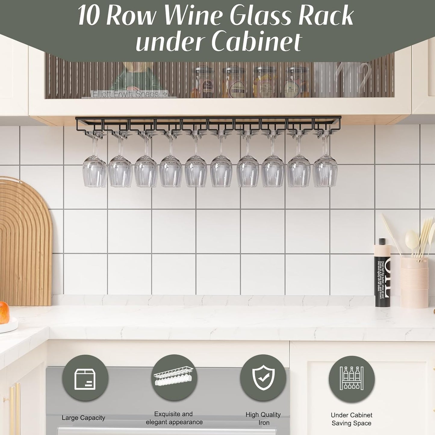 Xverycan Wine Glass Rack Under Cabinet, 10 Row Extreme Large Stemware Hanger, Metal Wine Goblet