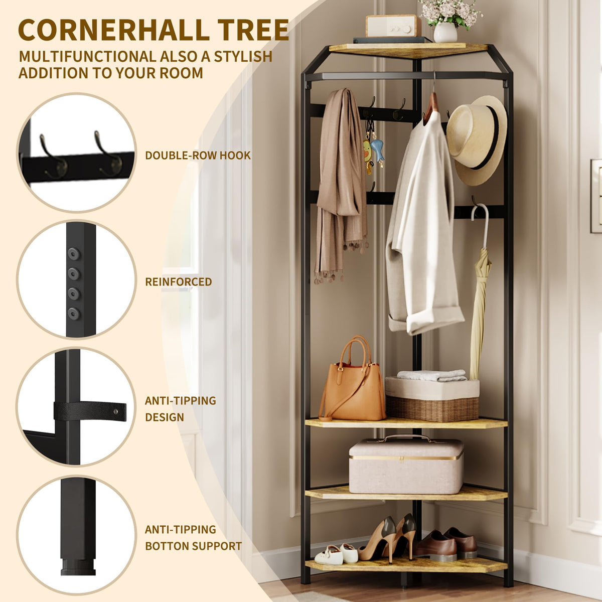 IDEALHOUSE Corner Coat Rack With Shoe Bench and 6 Double Hooks, Corner Hall Tree - Clothes Rack