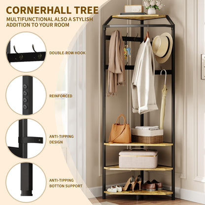 IDEALHOUSE Corner Coat Rack With Shoe Bench and 6 Double Hooks, Corner Hall Tree - Clothes Rack