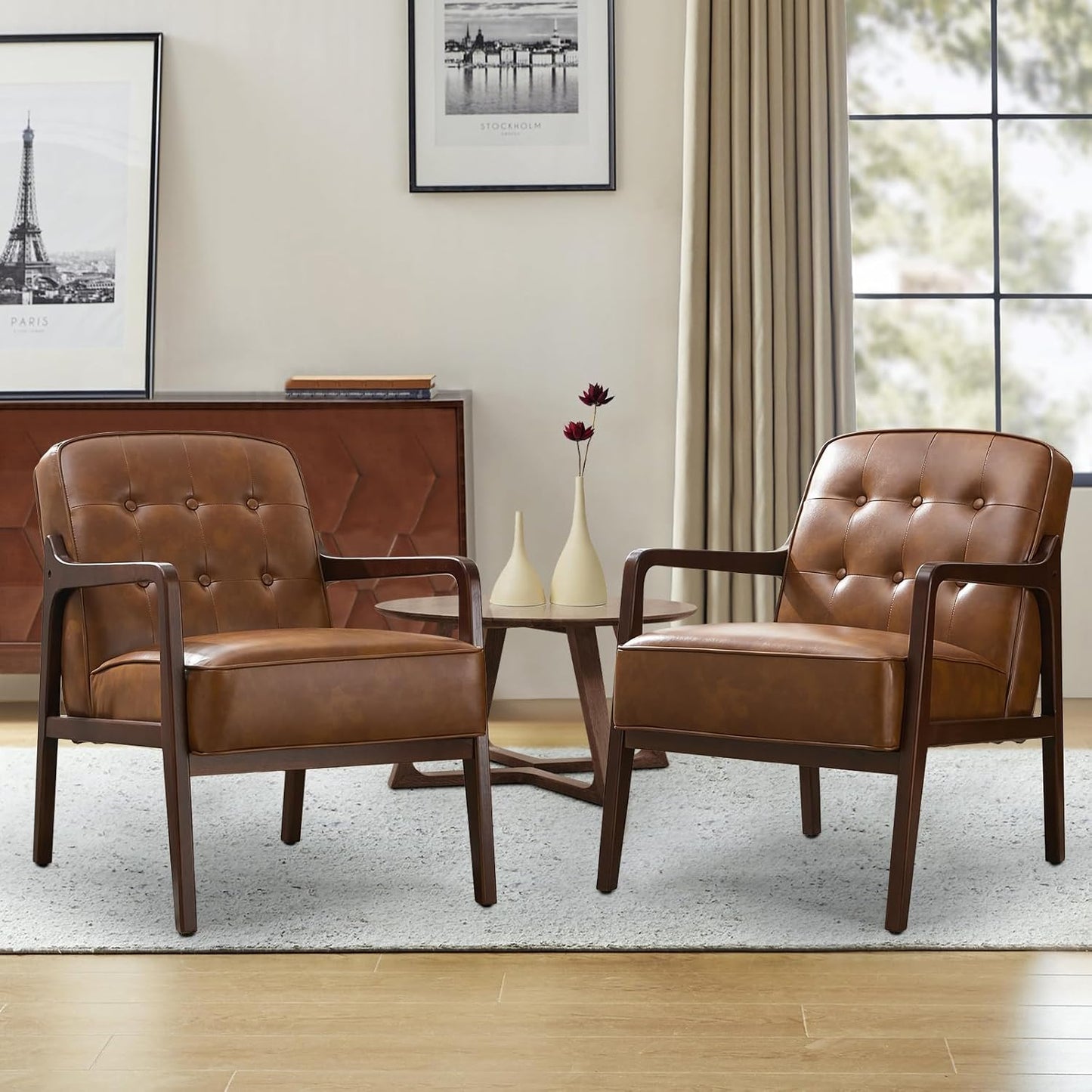 Faux Leather Accent Chair Set of 2, Mid Century Chair for Living Room, Upholstered Comfy Lounge