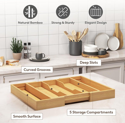 Lifewit Utensil Organizer for Kitchen Drawer, Expandable Cooking Utensil Tray, Bamboo Cutlery