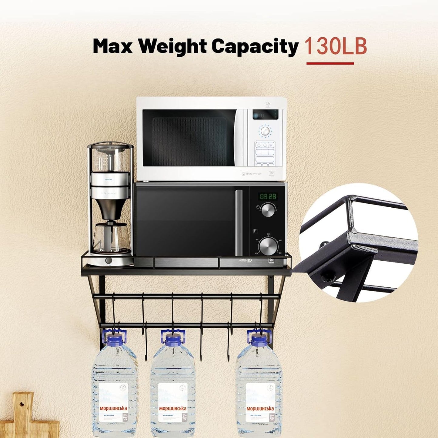 OROPY 31 Inch Wall Mounted Pot Rack Storage Shelf with 2 Tier Hanging Rails 14 S Hooks included