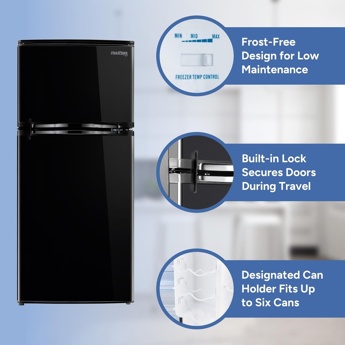 RecPro 4.4 Cu Ft 12V RV Refrigerator with Freezer | Frost-Free, Black Finish | Adjustable Shelves