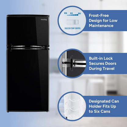 RecPro 4.4 Cu Ft 12V RV Refrigerator with Freezer | Frost-Free, Black Finish | Adjustable Shelves