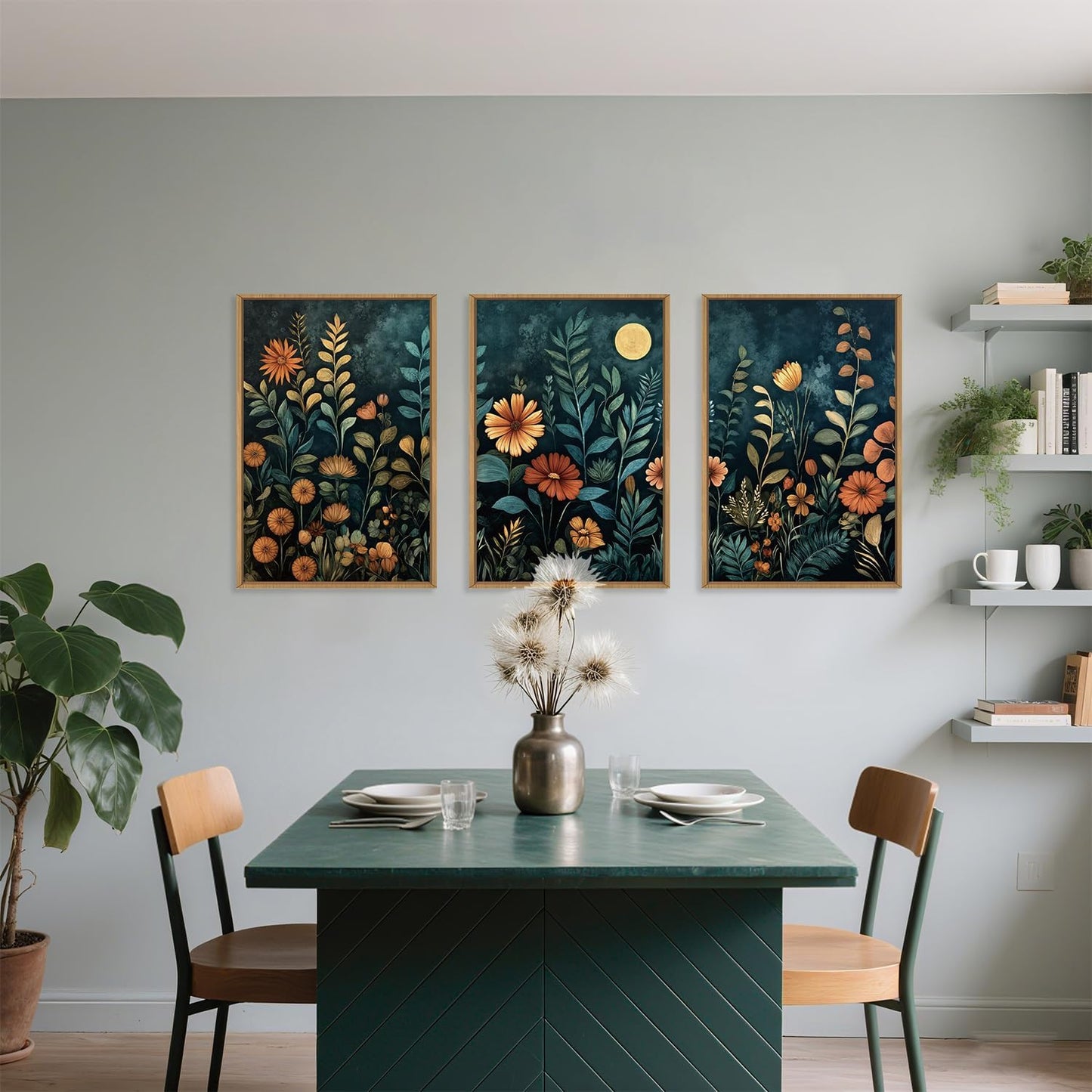 Vintage Dark Botanical Framed Canvas Wall Art Set, Colorful Floral Wall Decor, Nature Wildflower