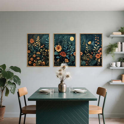 Vintage Dark Botanical Framed Canvas Wall Art Set, Colorful Floral Wall Decor, Nature Wildflower