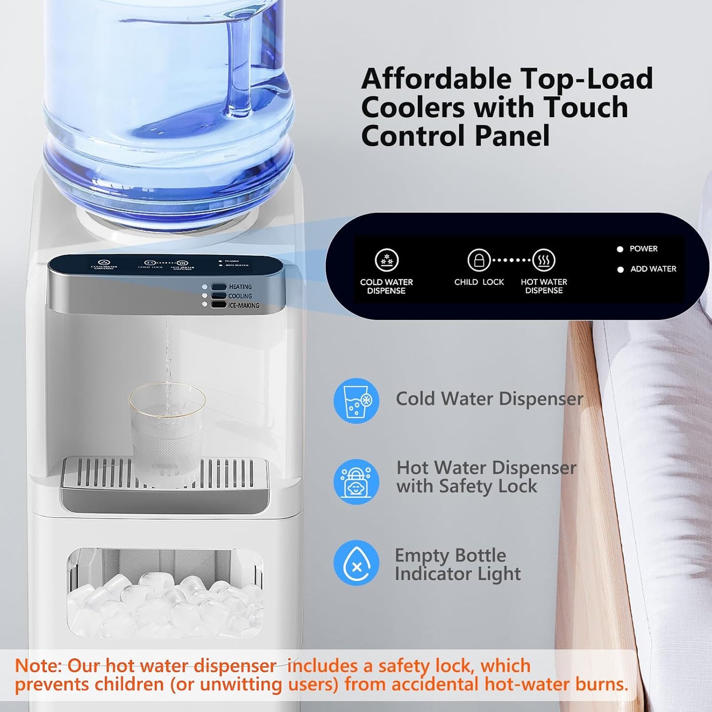 Water Dispenser with Ice Maker Function, Top Loading Hot and Cold Water Cooler for 5 Gallon Bottle