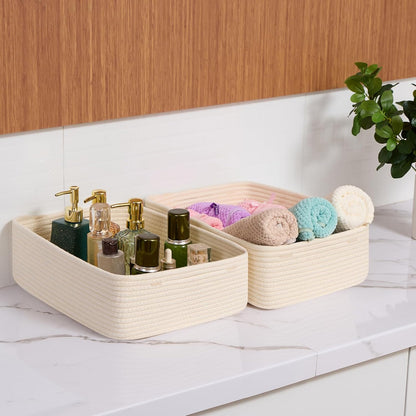 Large Shallow Organizing Baskets 15x11x5.1 Inches - Rope Woven Storage Bins for Bathroom, Shelves