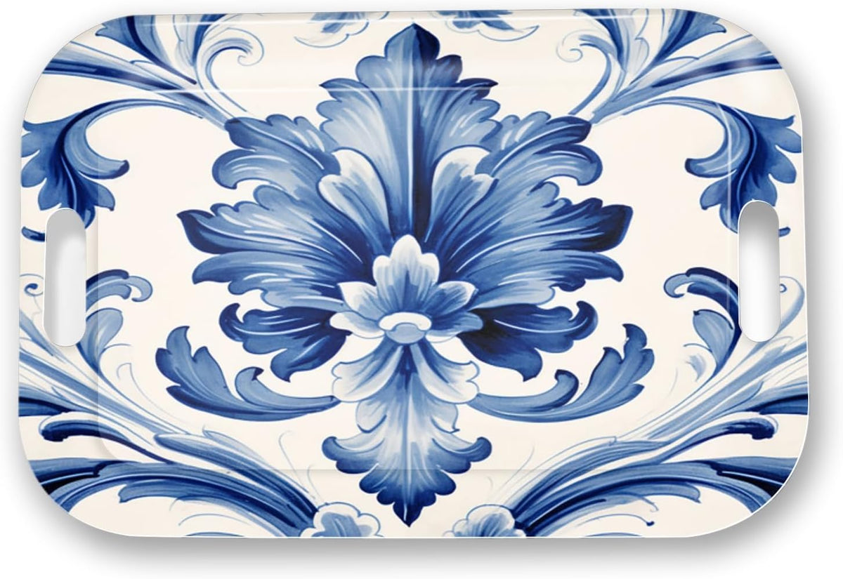 Serving Trays with Handles, 14.5 x 9.8 inch Rectangular Plastic Tray for Restaurant, Kitchen, Blue