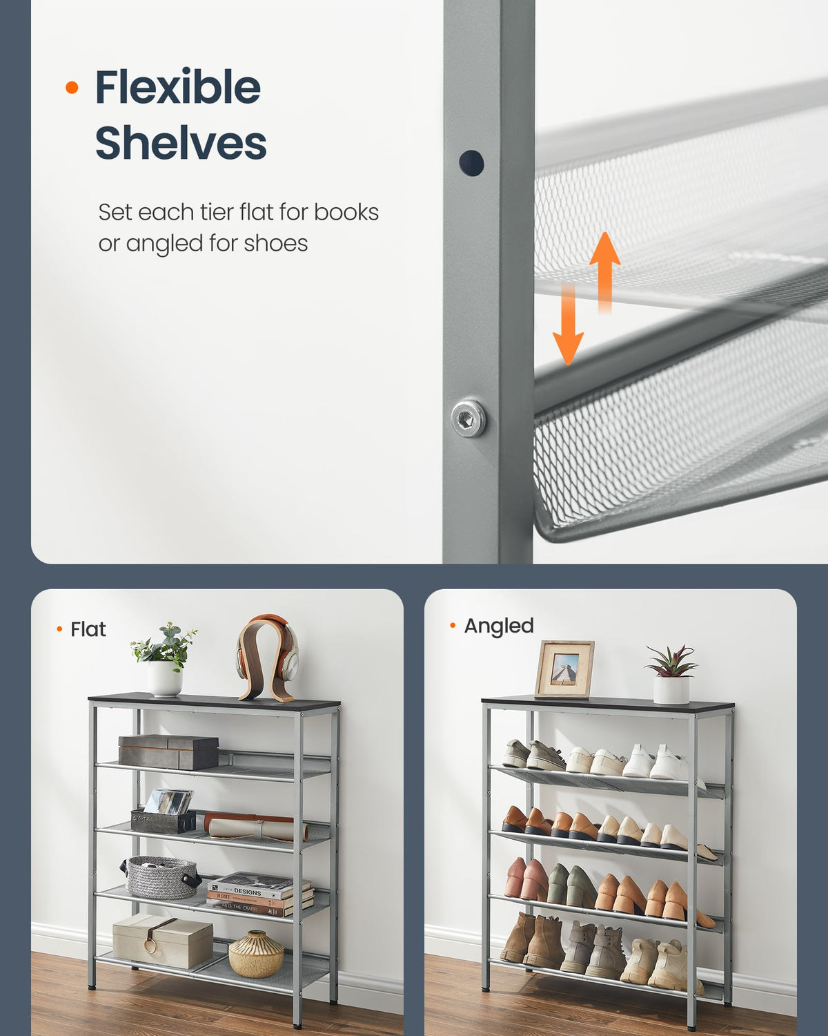 SONGMICS HOME 5 Tier Shoe Storage Organizer, Freestanding Shoe Rack, Dense Mesh, for Living Room