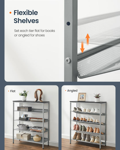SONGMICS HOME 5 Tier Shoe Storage Organizer, Freestanding Shoe Rack, Dense Mesh, for Living Room