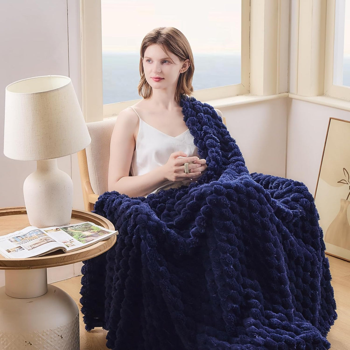 NEWCOSPLAY Super Soft King Blanket Dark Navy Premium Silky Flannel Fleece 3D Clouds Stylish