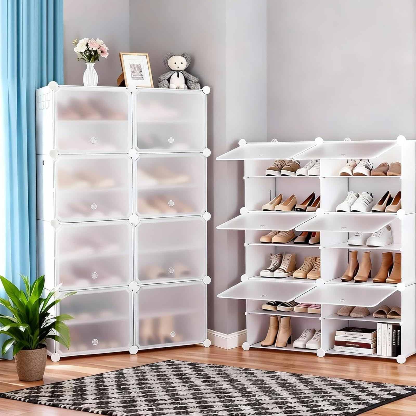 DUMOS 6-Tier Shoe Storage Cabinet with Door, Stackable, 24 Pairs, White