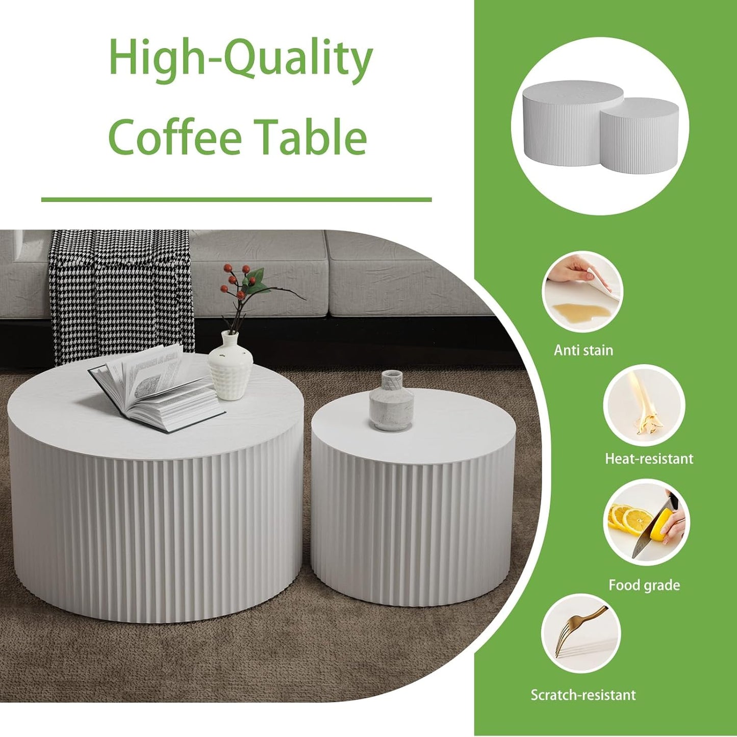 Round Coffee Table Set of 2, Nesting Coffee Table and End Table Set Small Circle Drum Side Table