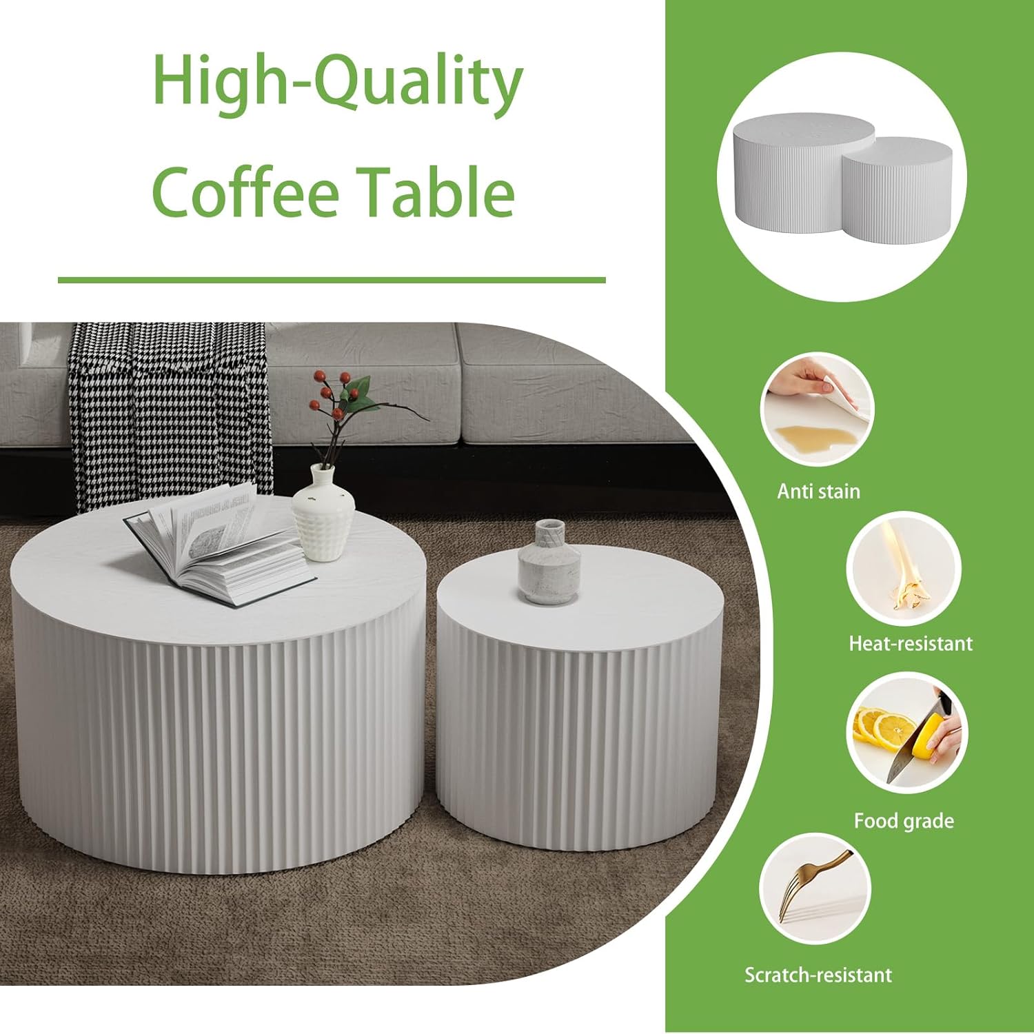 Round Coffee Table Set of 2, Nesting Coffee Table and End Table Set Small Circle Drum Side Table
