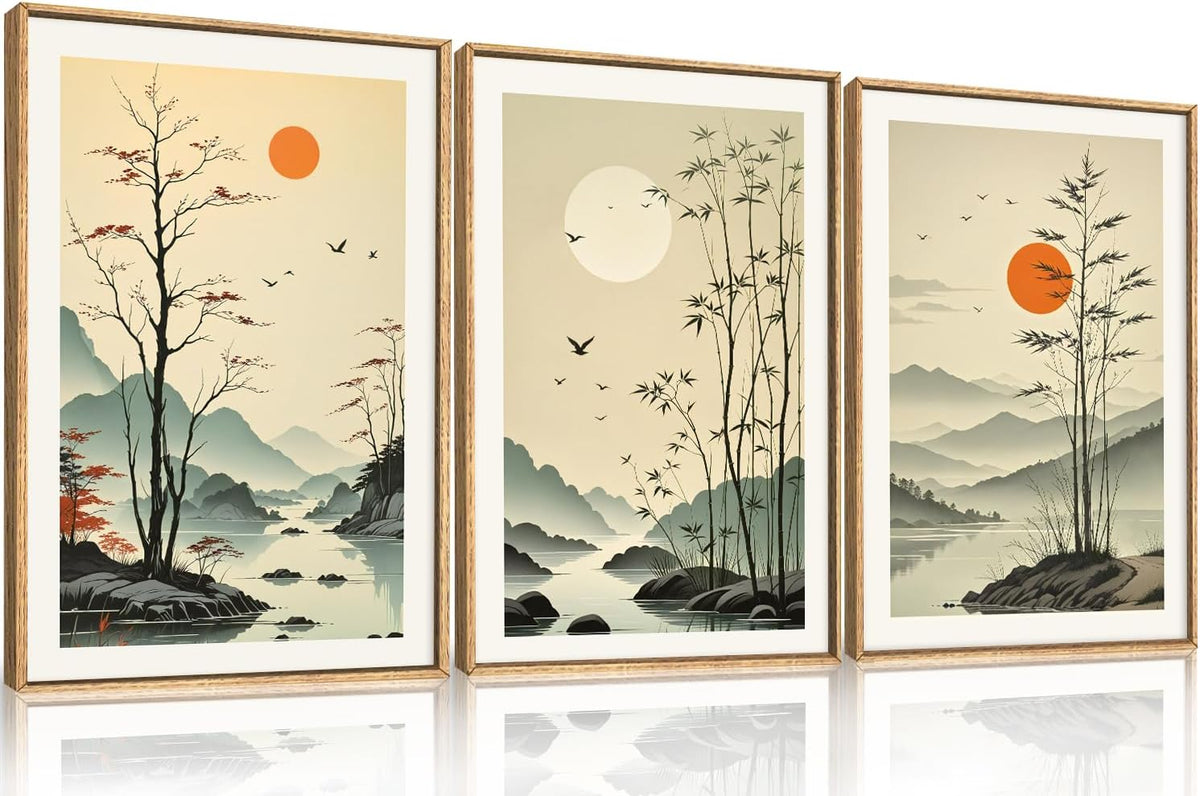 Chinoiserie Bamboo Forest Framed Canvas Wall Art Set, Nature Tree Lakes Wall Decor, Minimalist Zen
