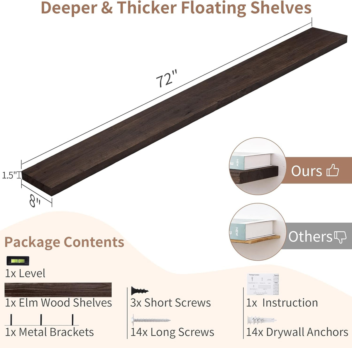 Axeman Floating Shelves for Wall, Rustic Elm Wood 72'' W x 8" D Wall Mantel Shelf with Invisible