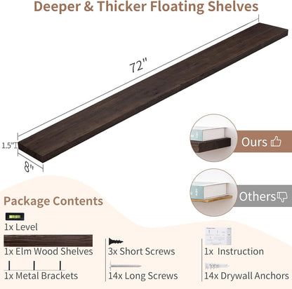 Axeman Floating Shelves for Wall, Rustic Elm Wood 72'' W x 8" D Wall Mantel Shelf with Invisible