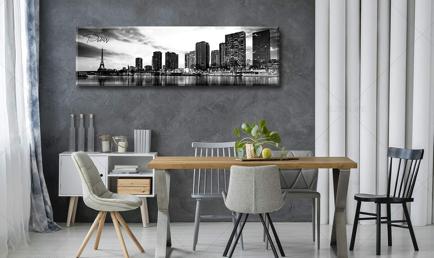 DJSYLIFE Paris Eiffel Tower Skyline Wall Art Black and White Modern City Night View Panoramic