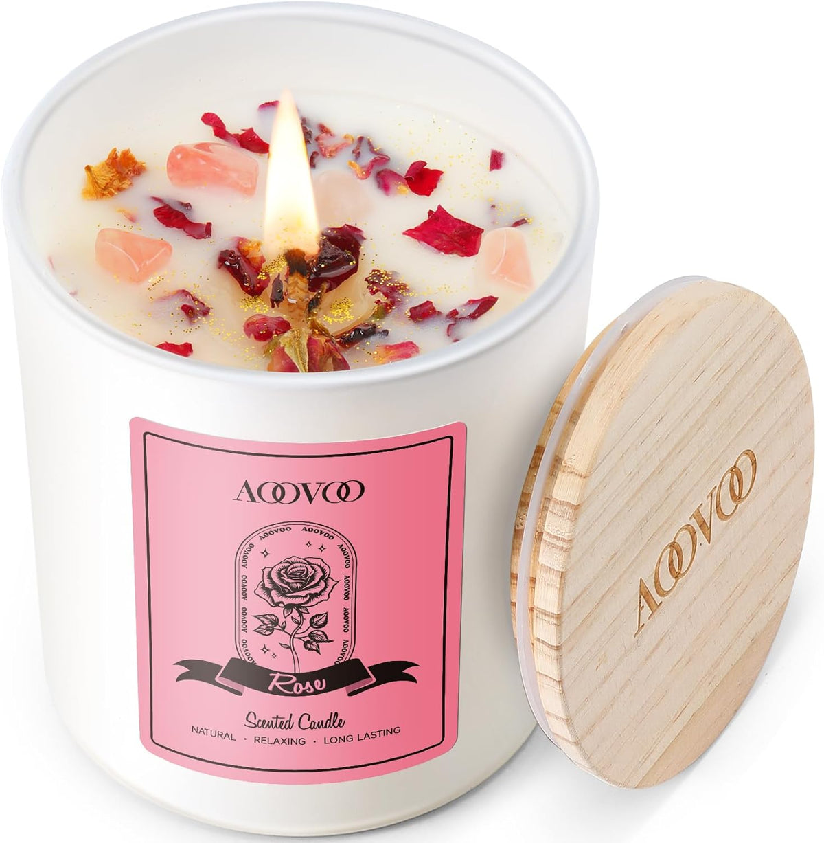 AOOVOO Rose Scented Candles for Women - Aromatherapy Candle with Crystals Inside, 10oz Soy Candles
