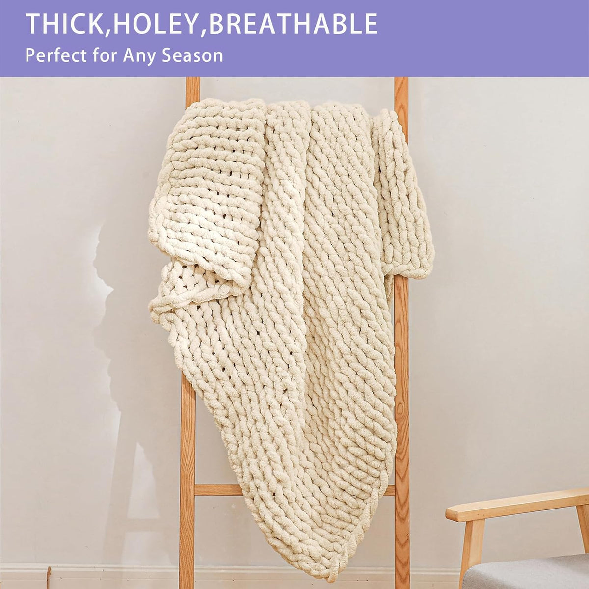 Bigacogo Chunky Knit Throw Blanket for Couch, 40x40 inches, 100% Hand Knitted with Thick Jumbo