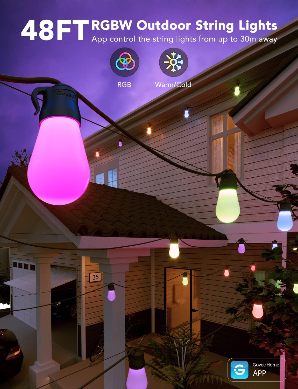 Govee Smart Outdoor String Lights H7015, 48ft RGBIC Outdoor Lights with 15 Dimmable LED Bulbs, IP65