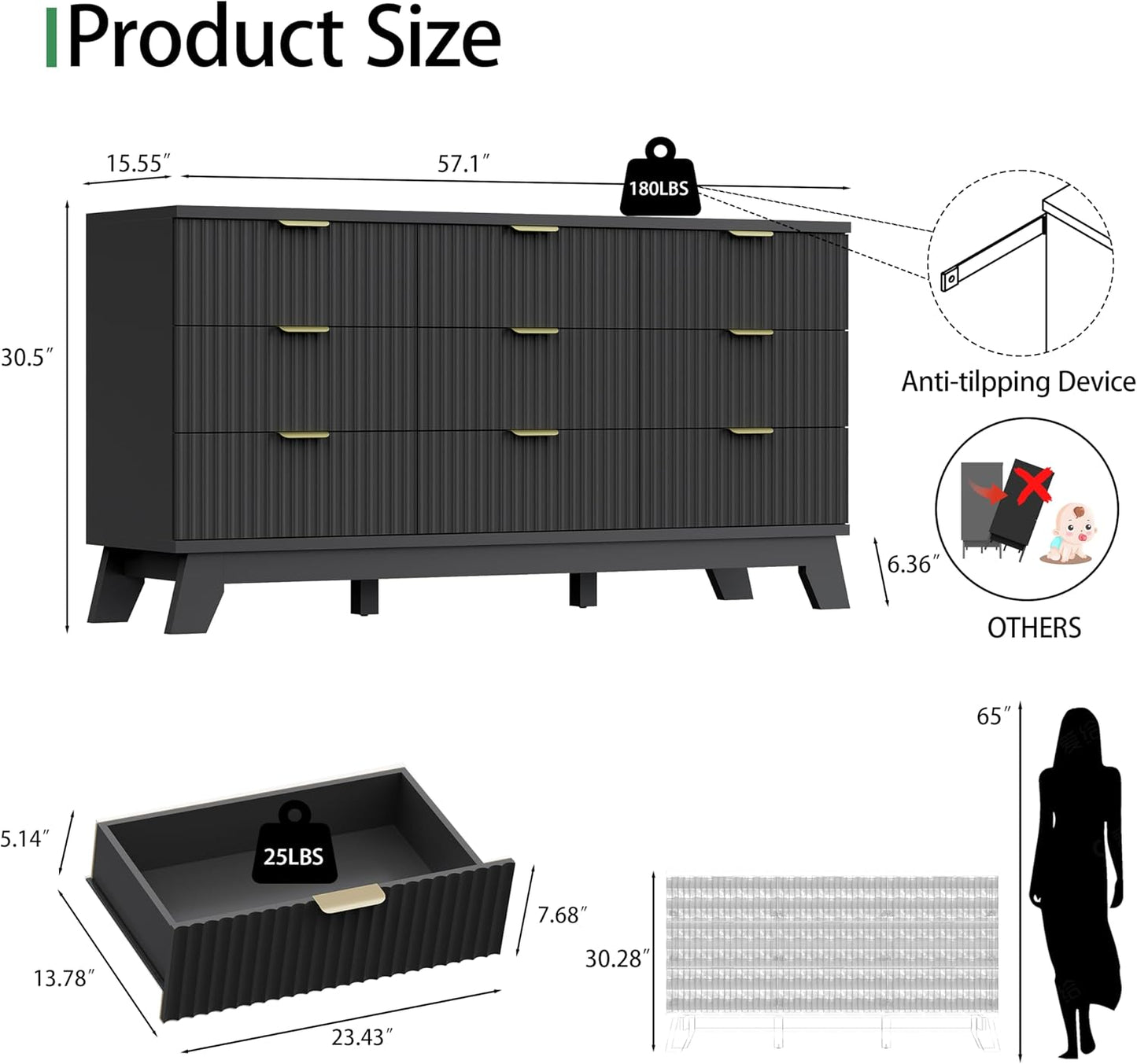 Fluted Dresser for Bedroom with 9 Drawers, 57" Wide Chest of Drawers with Metal Handle, Modern Wood
